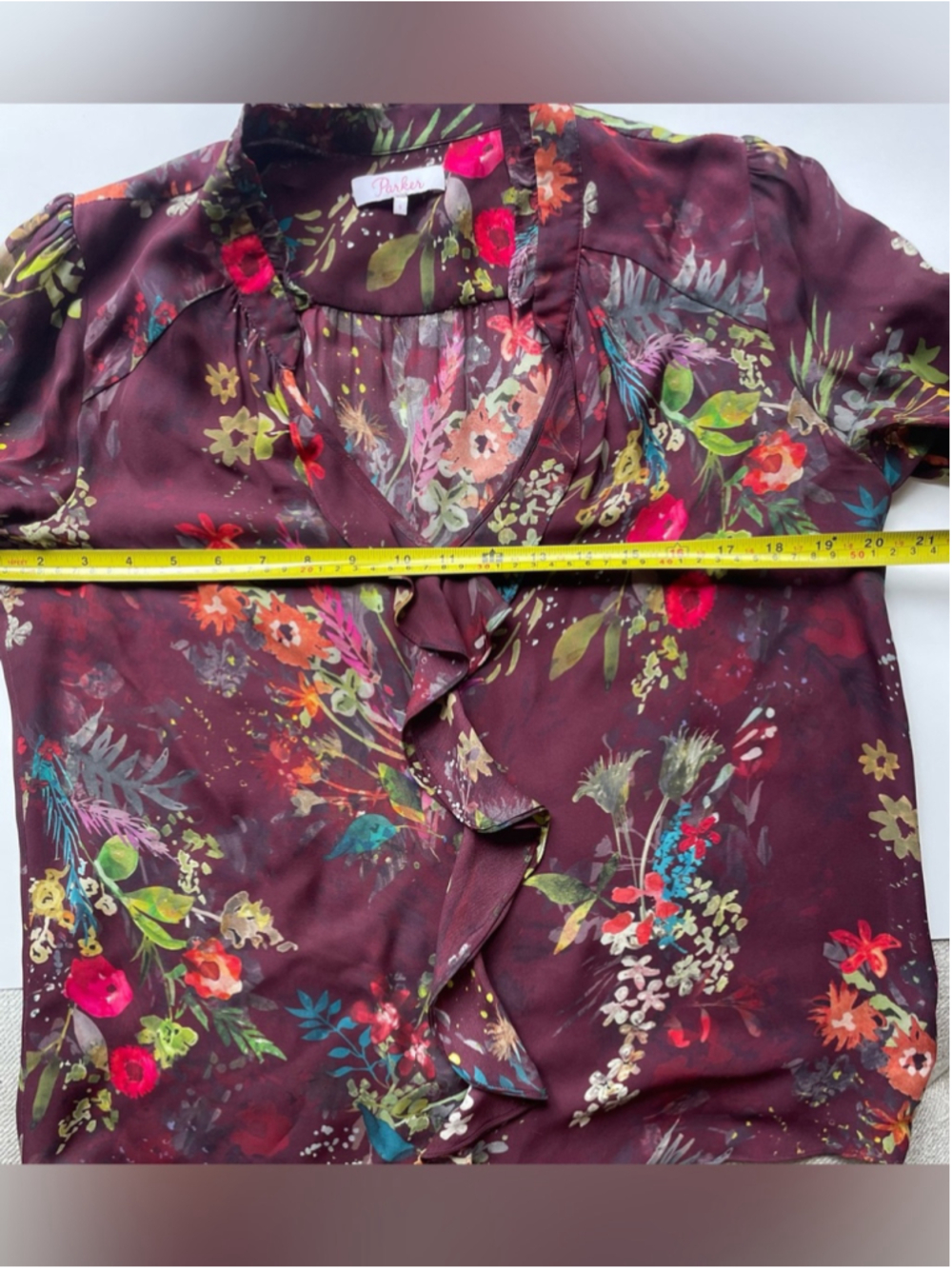 Parker silk blend Floral Burgundy Ruffle V-Neck Blouse top - Picture 6 of 10